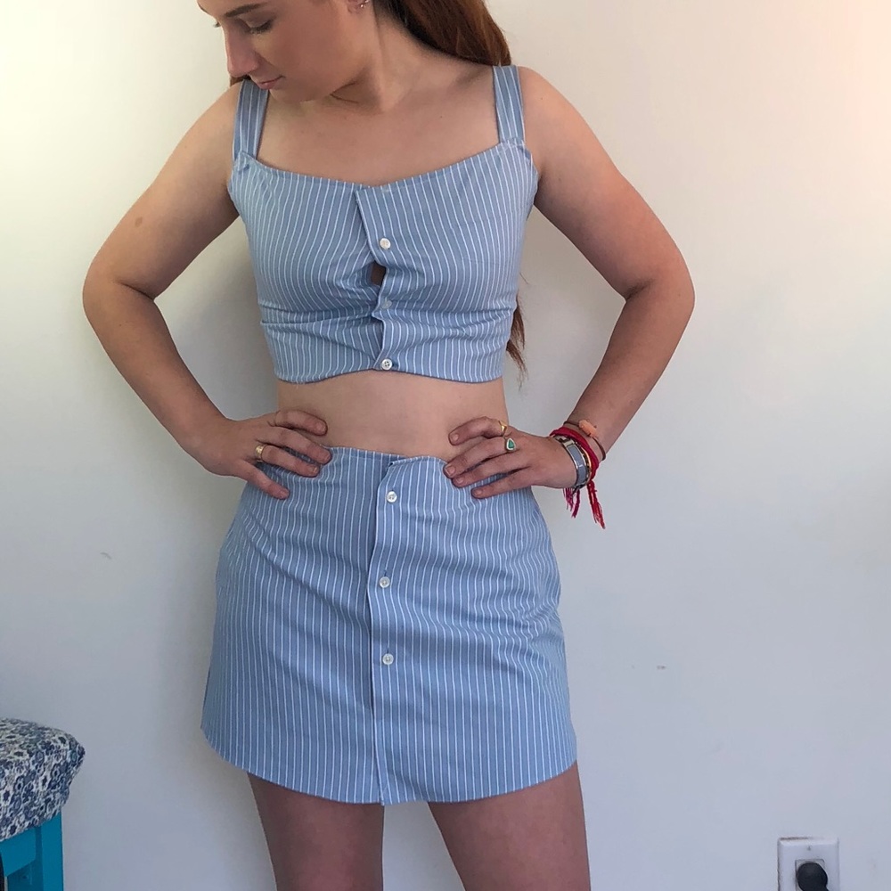 Button down two piece skirt top set